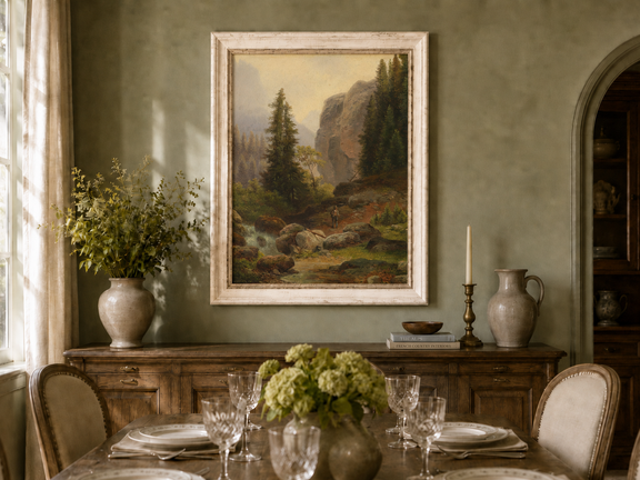 Hand-painted mountain gorge, stream and pine-filled rocks landscape oil painting displayed in a dining room interior.