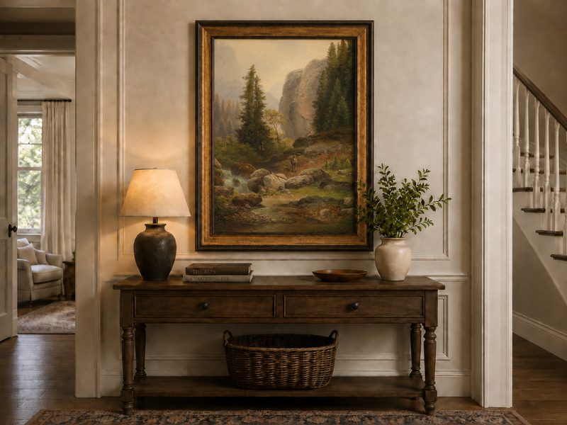 Hand-painted mountain gorge, stream and pine-filled rocks landscape oil painting displayed above a console table in a hallway interior.