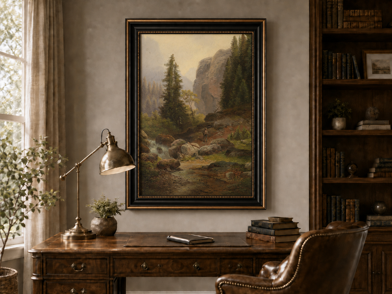 Hand-painted mountain gorge, stream and pine-filled rocks landscape oil painting displayed above a desk in a home office interior.