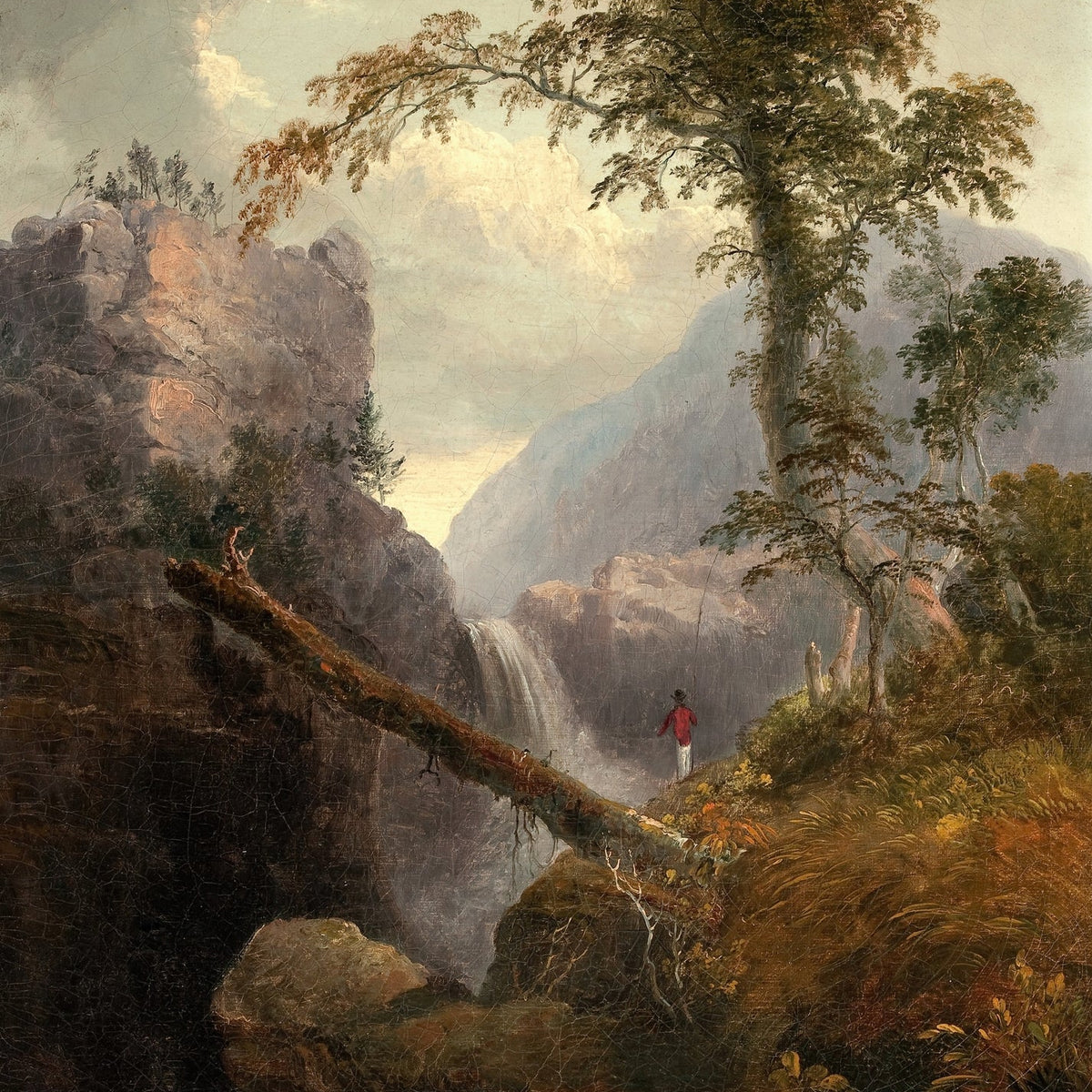 Landscape Oil Painting - Mountain Gorge, Waterfall, Large Tree & Figure - Oil Painting Haven