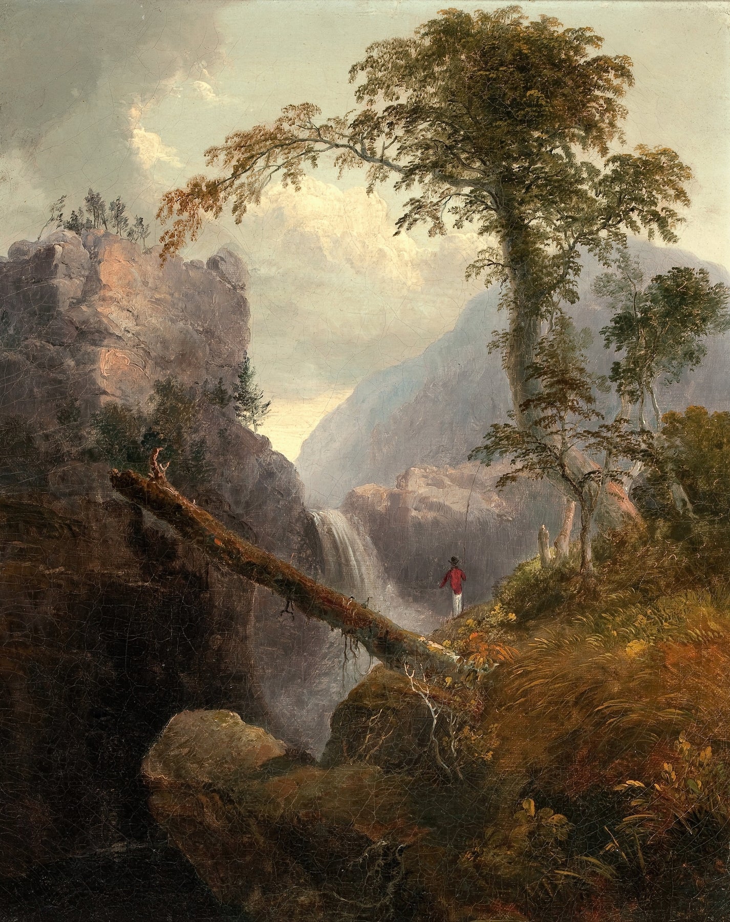 Landscape Oil Painting - Mountain Gorge, Waterfall, Large Tree & Figure - Oil Painting Haven