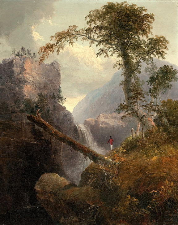 Landscape Oil Painting - Mountain Gorge, Waterfall, Large Tree & Figure - Oil Painting Haven