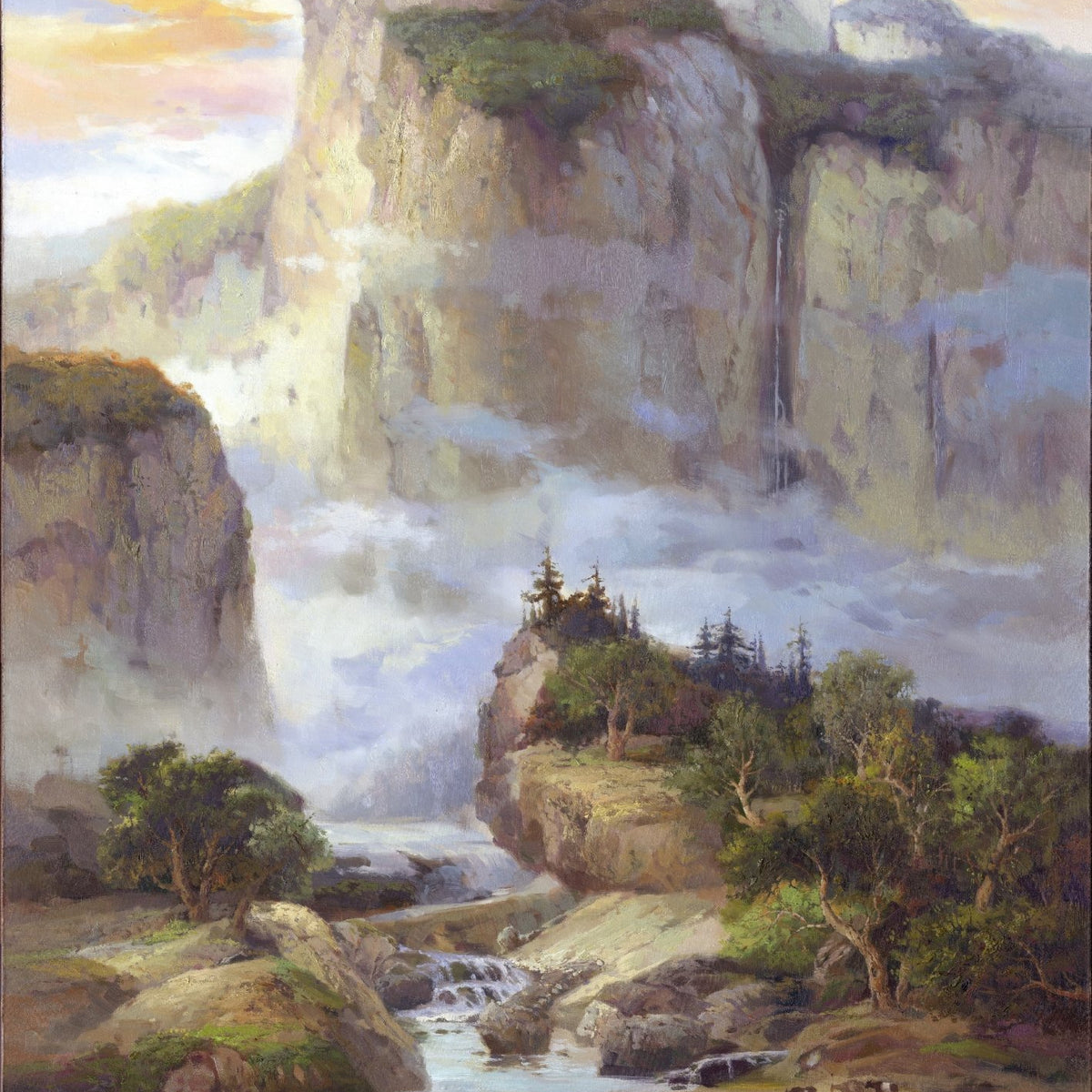 Landscape Oil Painting - Mountain Gorge, Waterfall & Stream with Horses - Oil Painting Haven