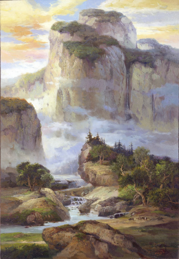 Landscape Oil Painting - Mountain Gorge, Waterfall & Stream with Horses - Oil Painting Haven