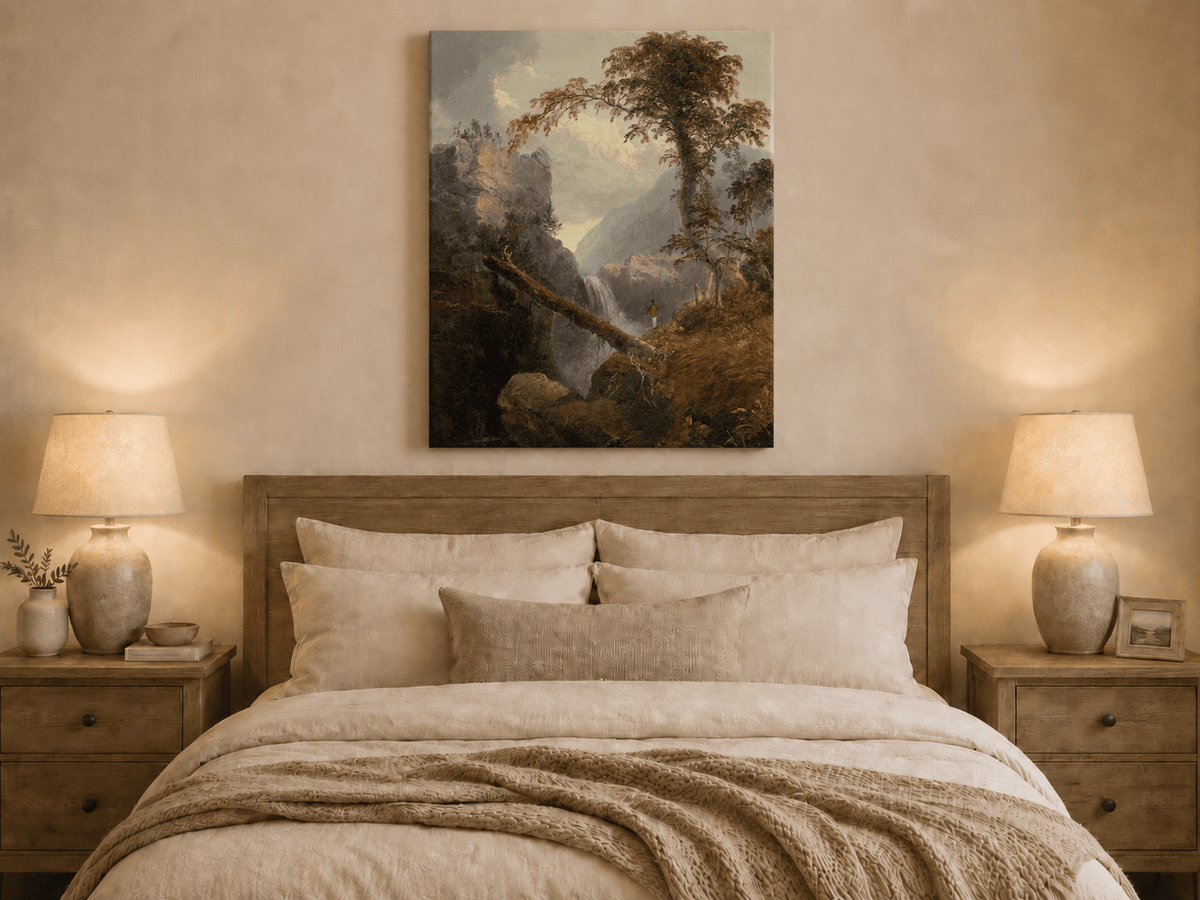Landscape Oil Painting - Mountain Gorge, Waterfall, Tree & Figure