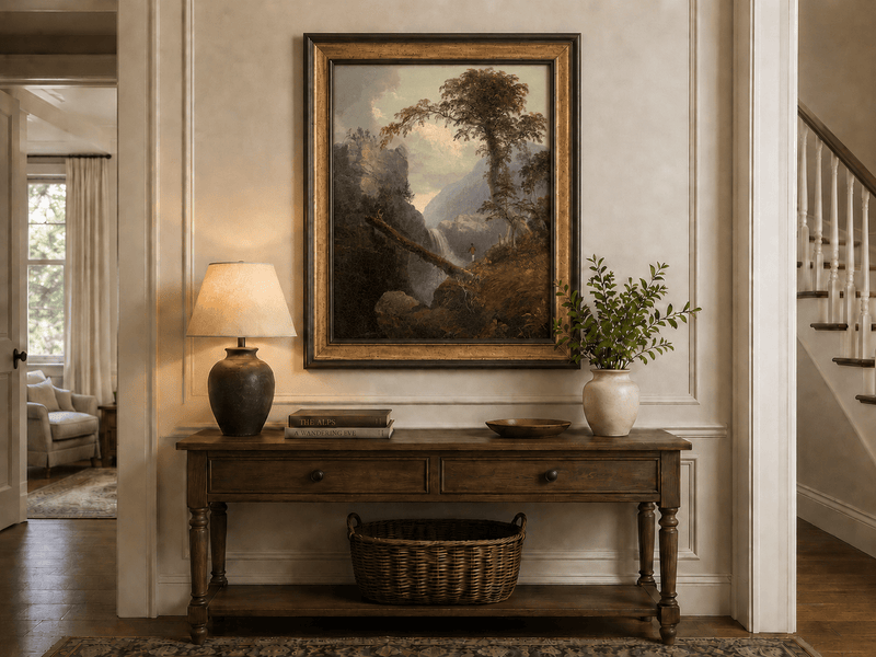 Landscape Oil Painting - Mountain Gorge, Waterfall, Tree & Figure