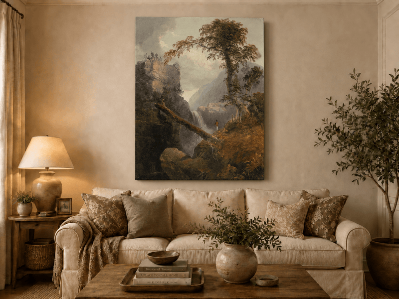 Landscape Oil Painting - Mountain Gorge, Waterfall, Tree & Figure