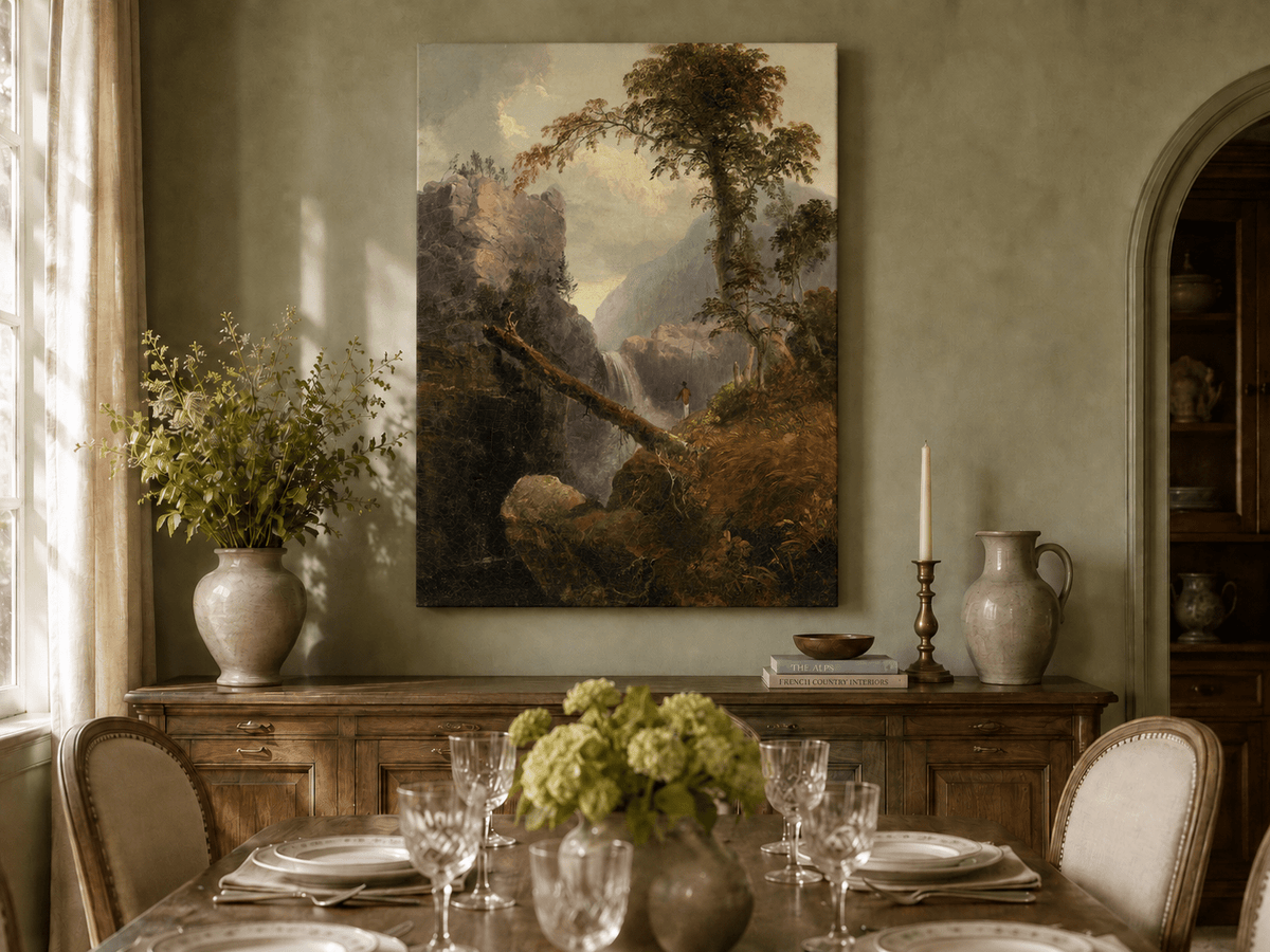 Landscape Oil Painting - Mountain Gorge, Waterfall, Tree & Figure