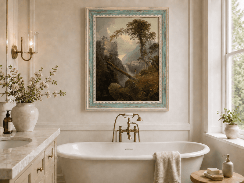 Landscape Oil Painting - Mountain Gorge, Waterfall, Tree & Figure