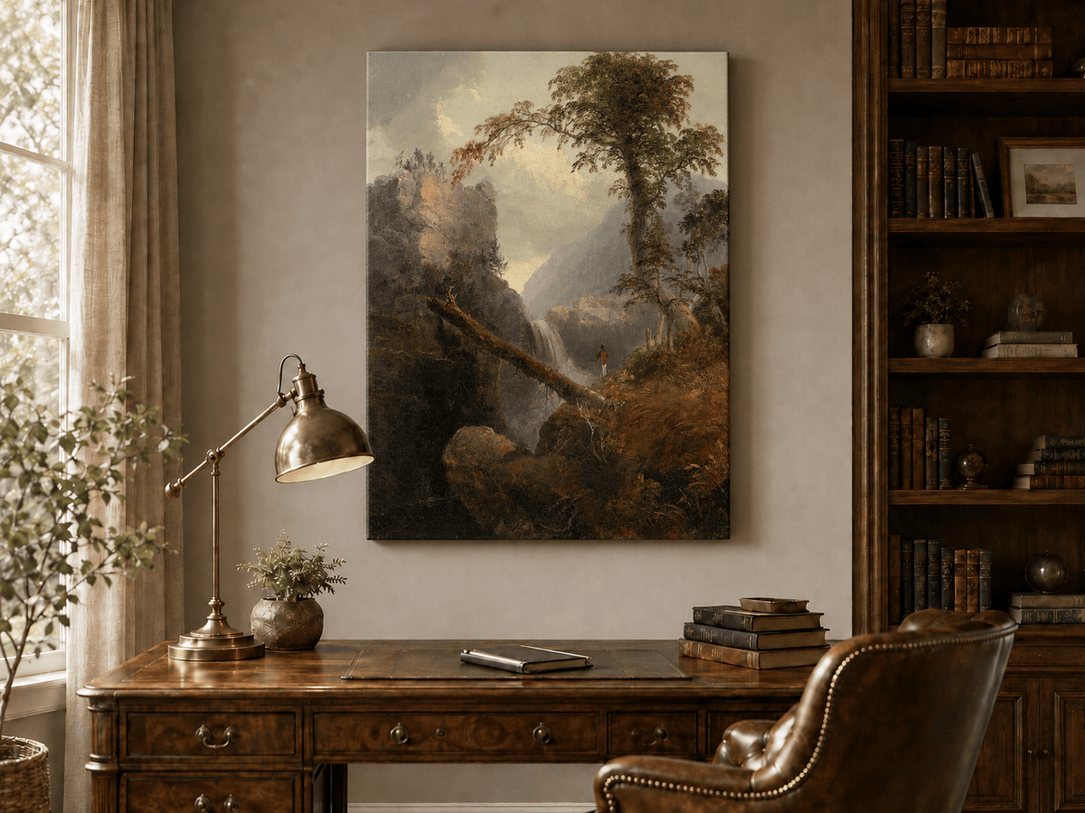 Landscape Oil Painting - Mountain Gorge, Waterfall, Tree & Figure
