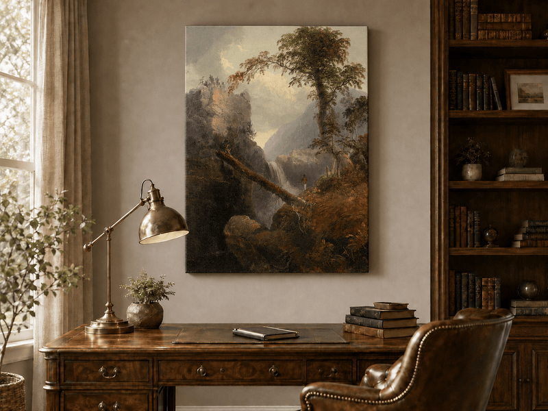 Landscape Oil Painting - Mountain Gorge, Waterfall, Tree & Figure