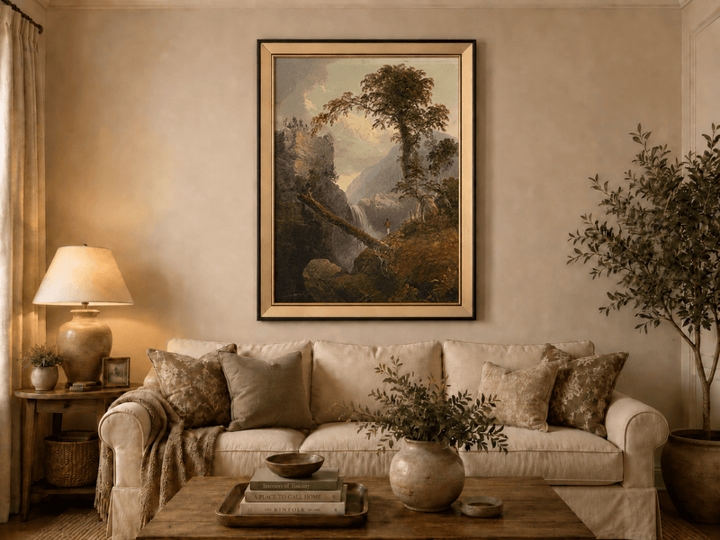 Landscape Oil Painting - Mountain Gorge, Waterfall, Tree & Figure