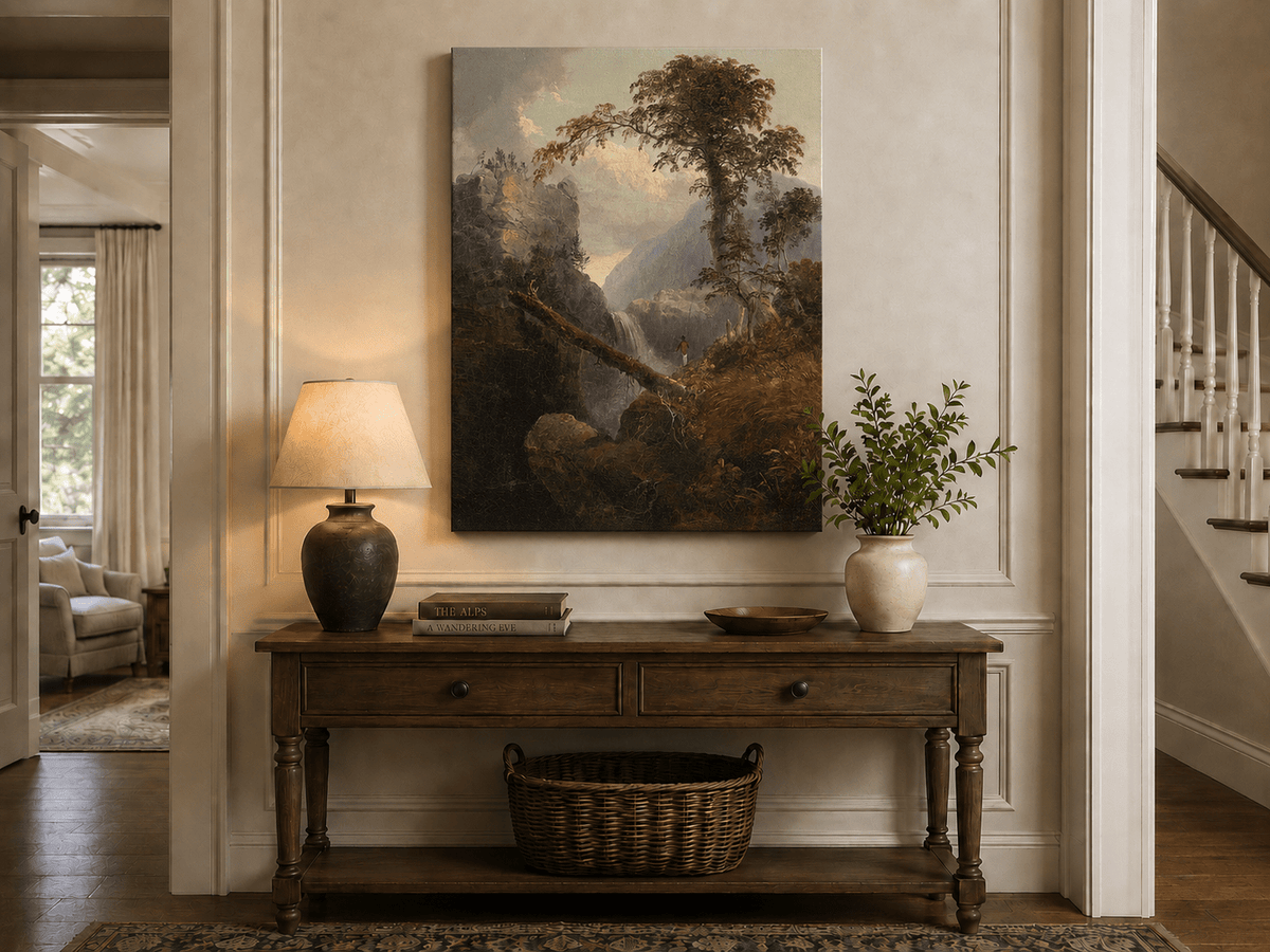 Landscape Oil Painting - Mountain Gorge, Waterfall, Tree & Figure