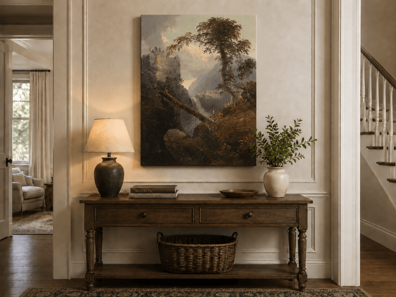 Landscape Oil Painting - Mountain Gorge, Waterfall, Tree & Figure