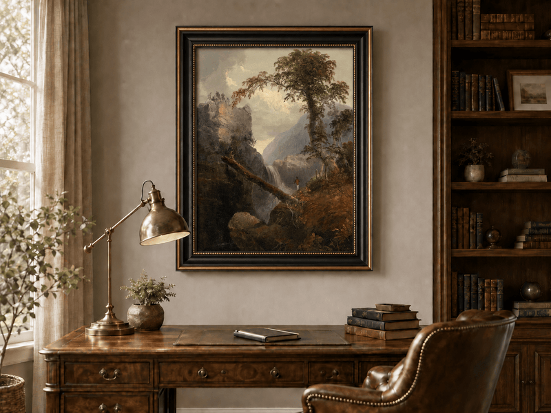 Landscape Oil Painting - Mountain Gorge, Waterfall, Tree & Figure
