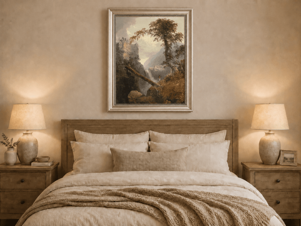 Landscape Oil Painting - Mountain Gorge, Waterfall, Tree & Figure