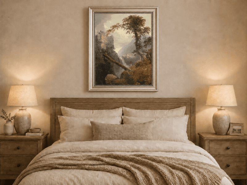 Landscape Oil Painting - Mountain Gorge, Waterfall, Tree & Figure