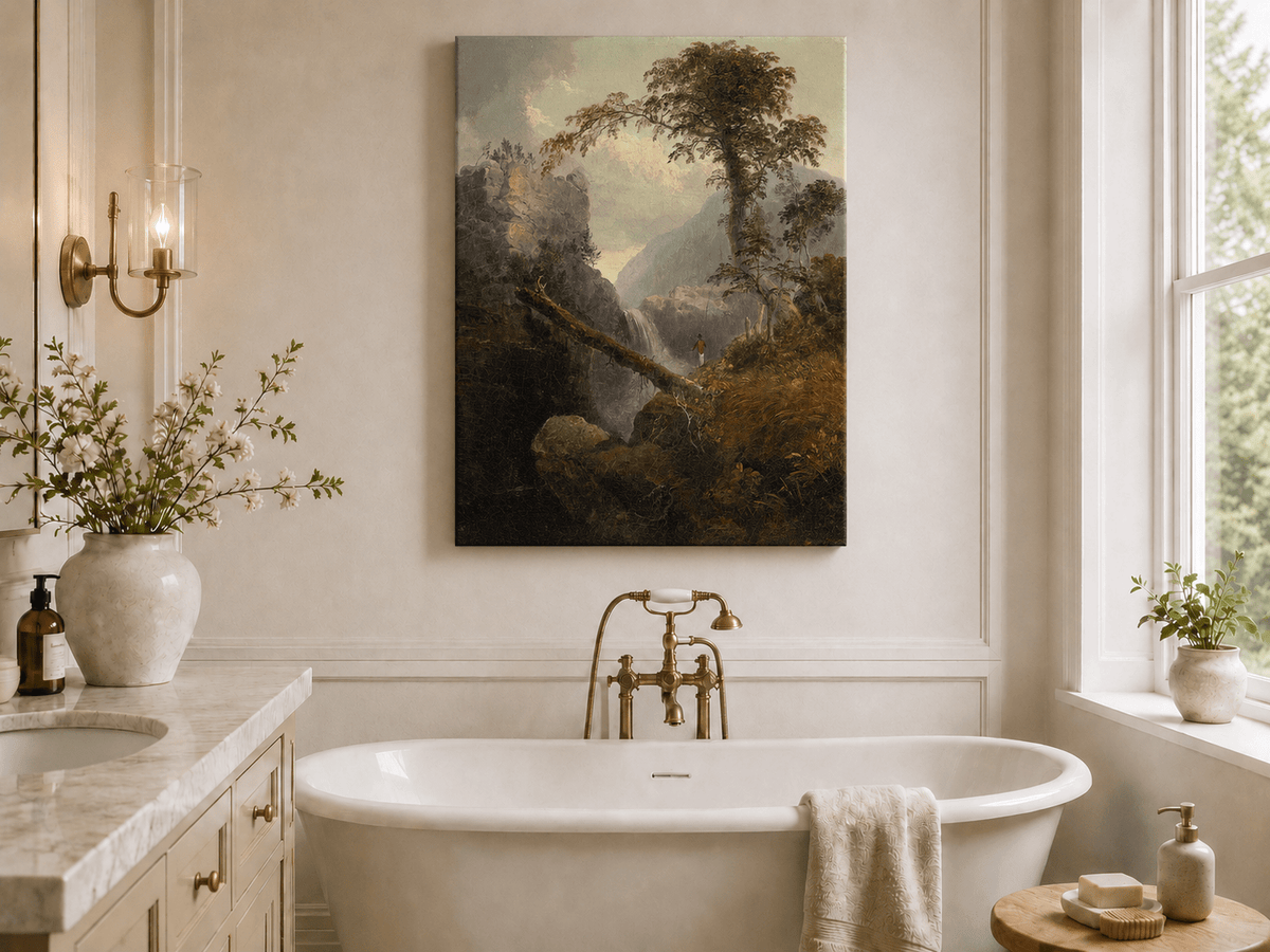 Landscape Oil Painting - Mountain Gorge, Waterfall, Tree & Figure