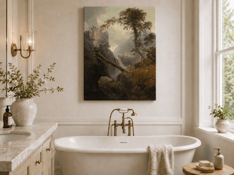 Landscape Oil Painting - Mountain Gorge, Waterfall, Tree & Figure
