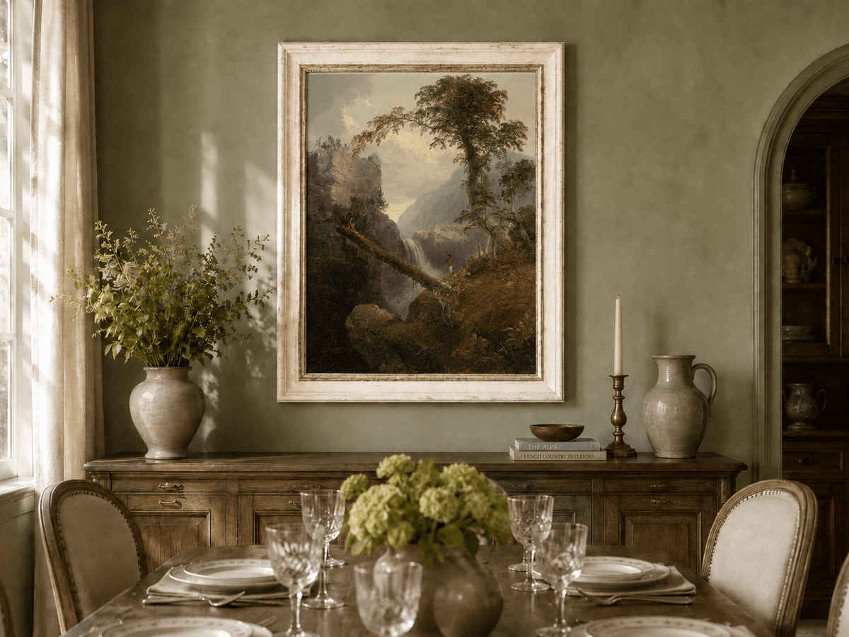 Landscape Oil Painting - Mountain Gorge, Waterfall, Tree & Figure