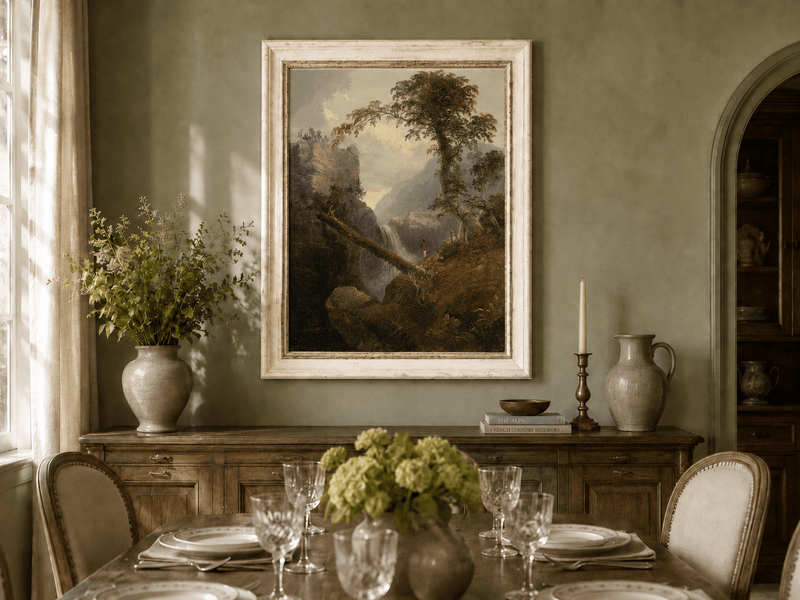 Landscape Oil Painting - Mountain Gorge, Waterfall, Tree & Figure