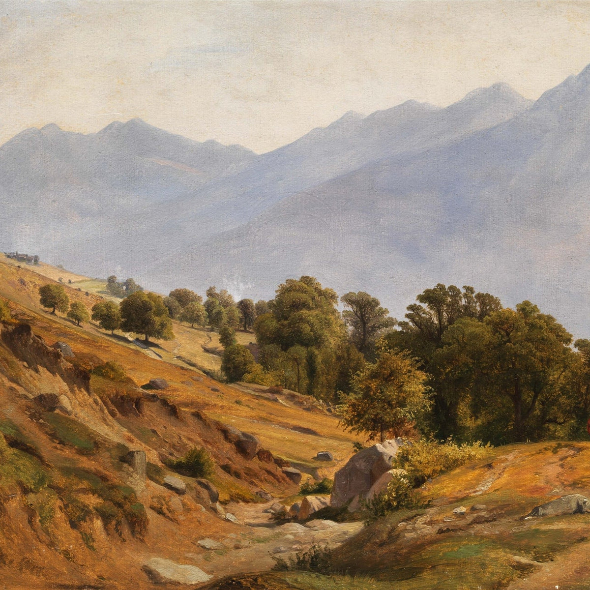 Hand-painted mountain hillside and distant lake landscape oil painting on canvas