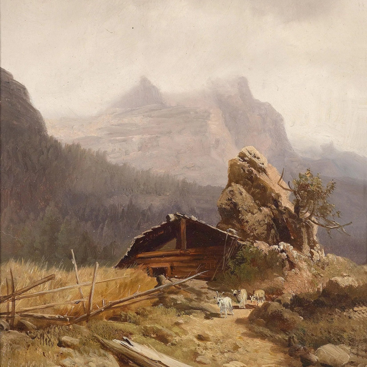 Landscape Oil Painting - Mountain Hut with Goats & Rocks - Oil Painting Haven
