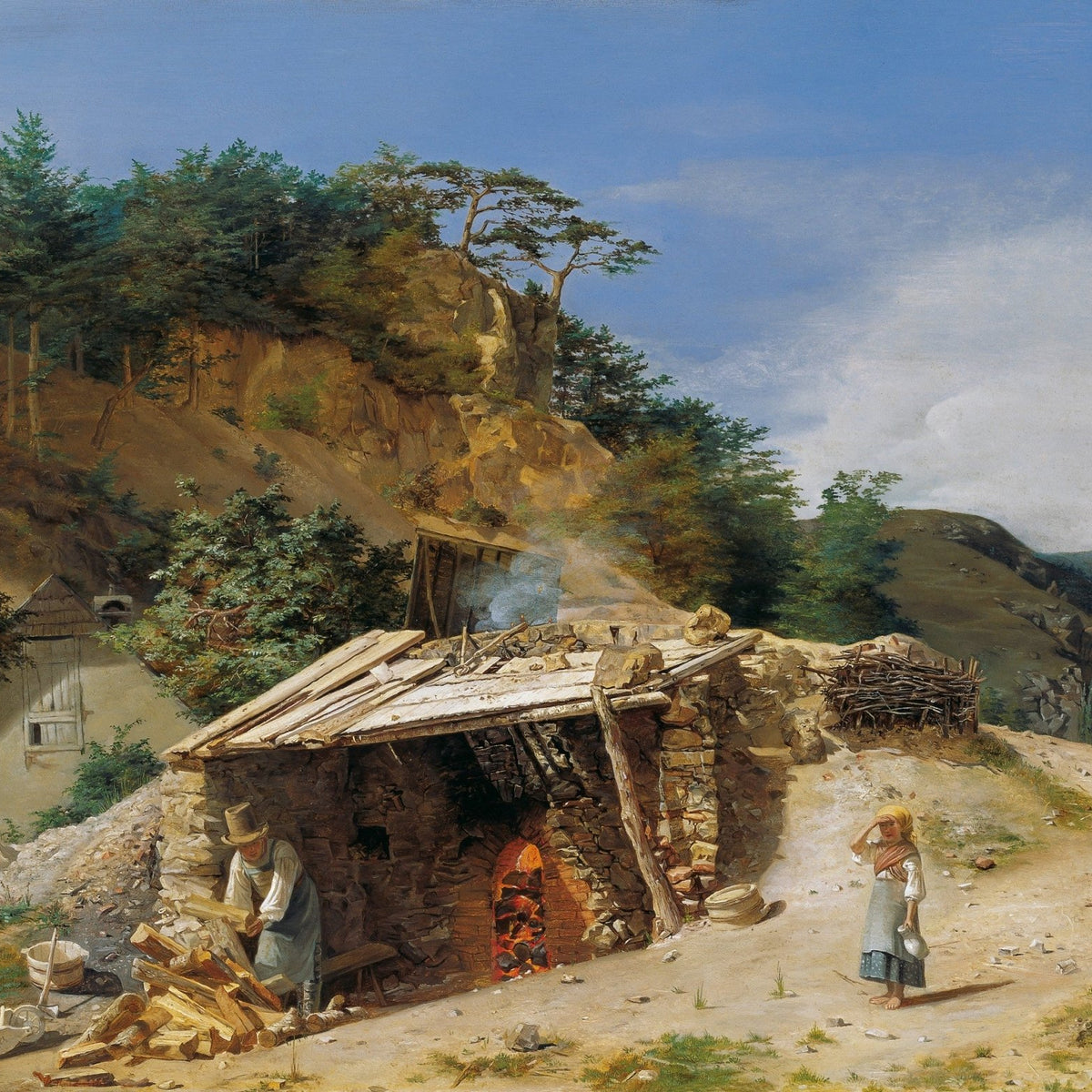 Landscape Oil Painting - Mountain Kiln Scene with Figures - Oil Painting Haven