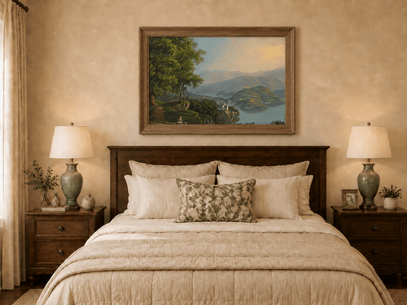 Landscape Oil Painting - Mountain Lake and Island Vista
