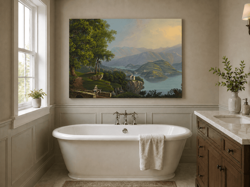Landscape Oil Painting - Mountain Lake and Island Vista