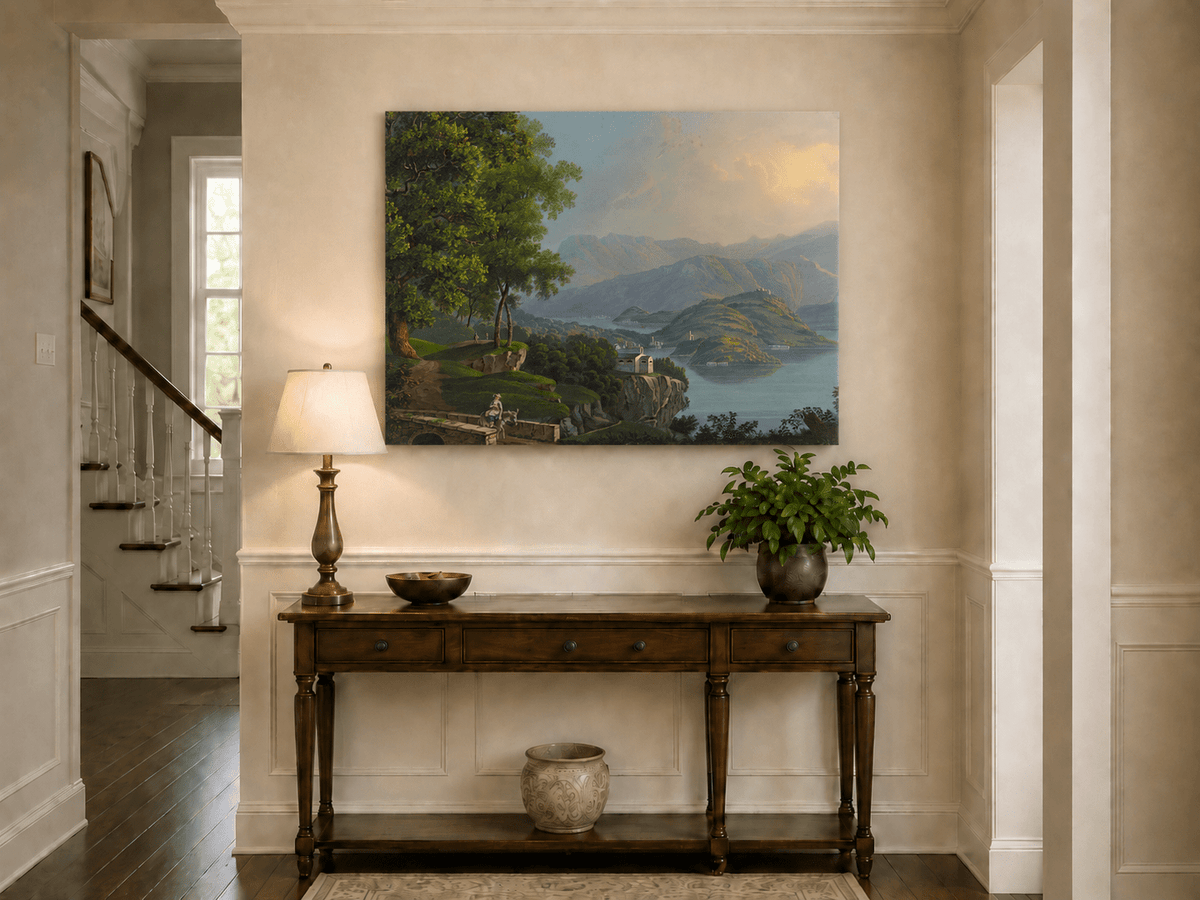 Landscape Oil Painting - Mountain Lake and Island Vista
