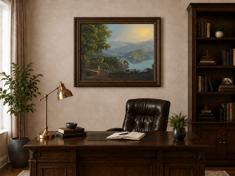 Landscape Oil Painting - Mountain Lake and Island Vista