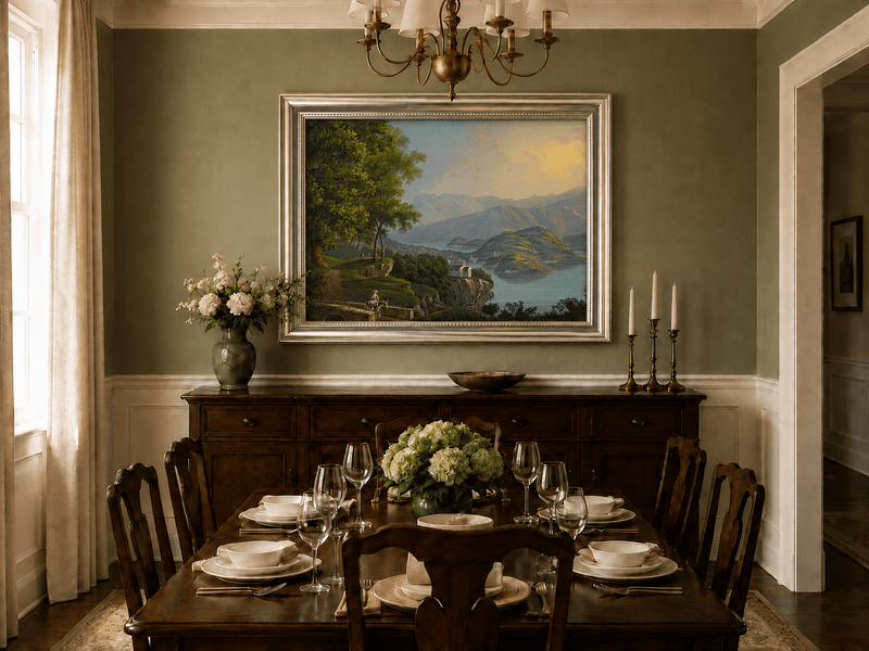 Landscape Oil Painting - Mountain Lake and Island Vista