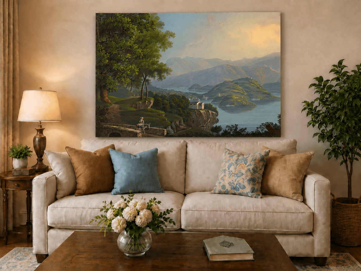 Landscape Oil Painting - Mountain Lake and Island Vista