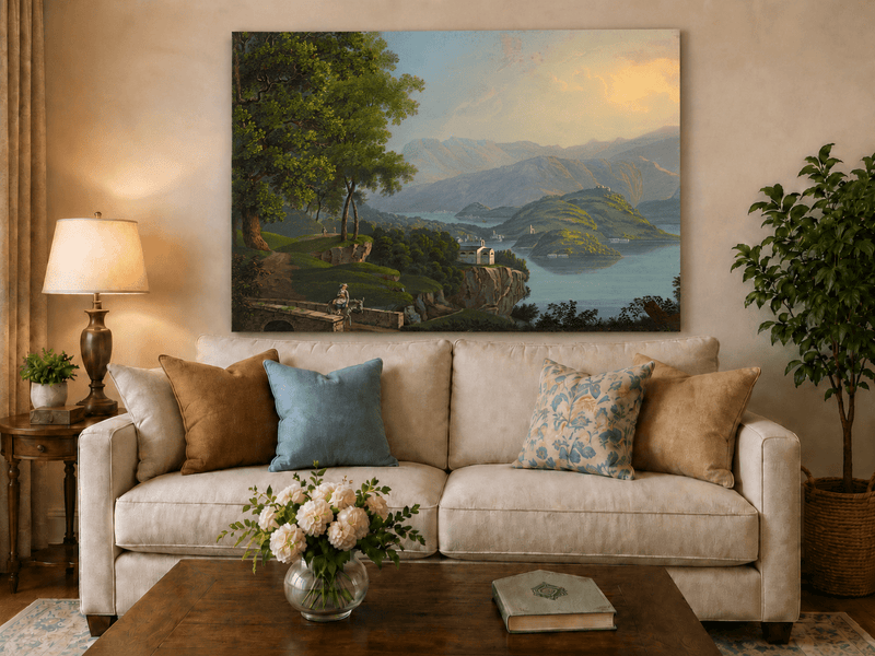 Landscape Oil Painting - Mountain Lake and Island Vista