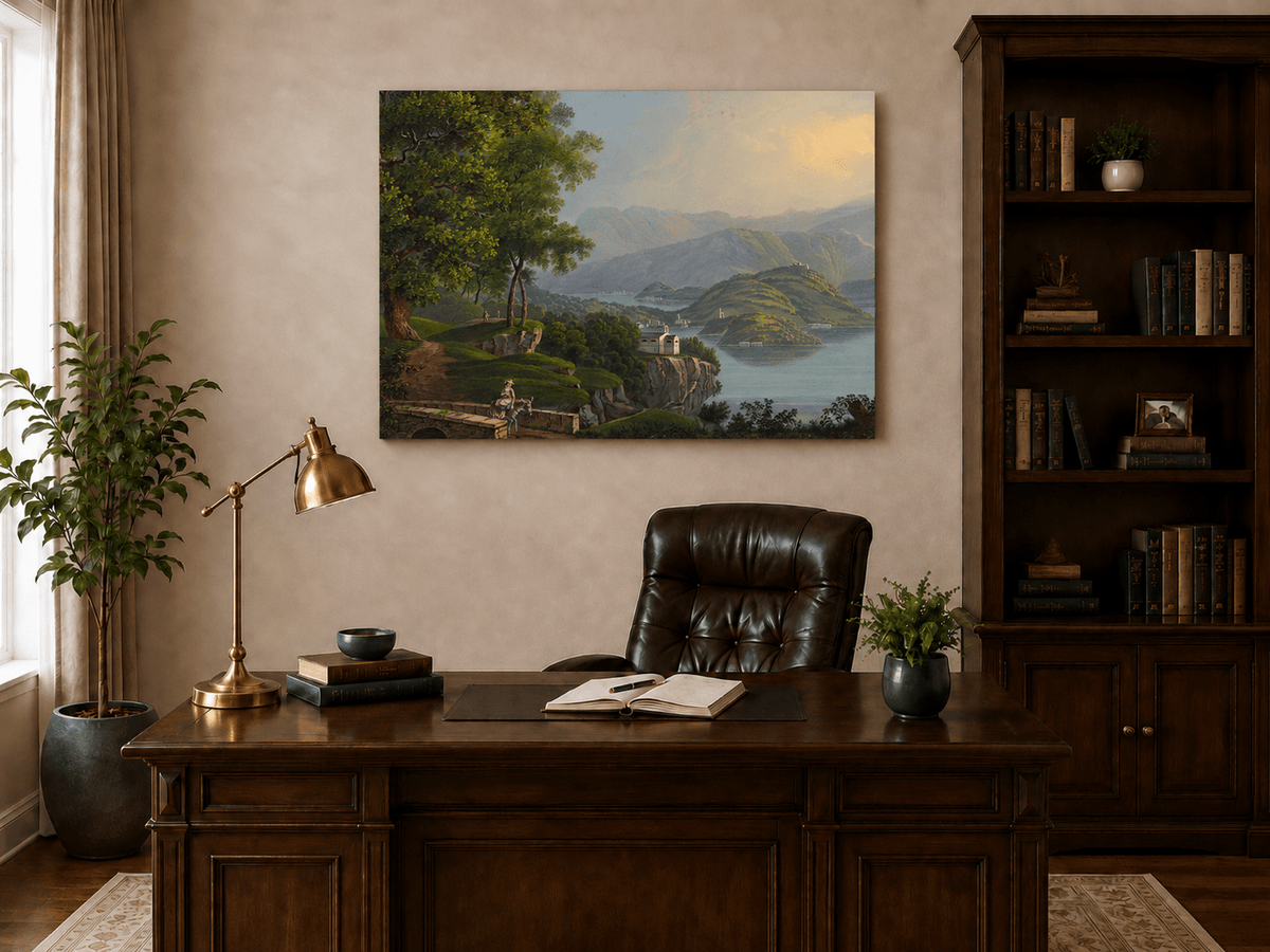 Landscape Oil Painting - Mountain Lake and Island Vista