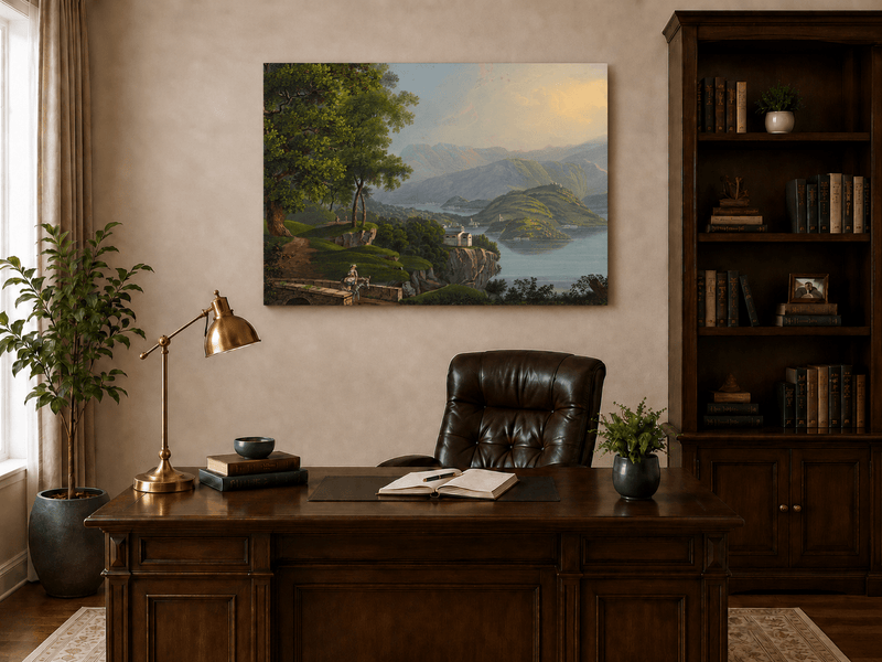 Landscape Oil Painting - Mountain Lake and Island Vista