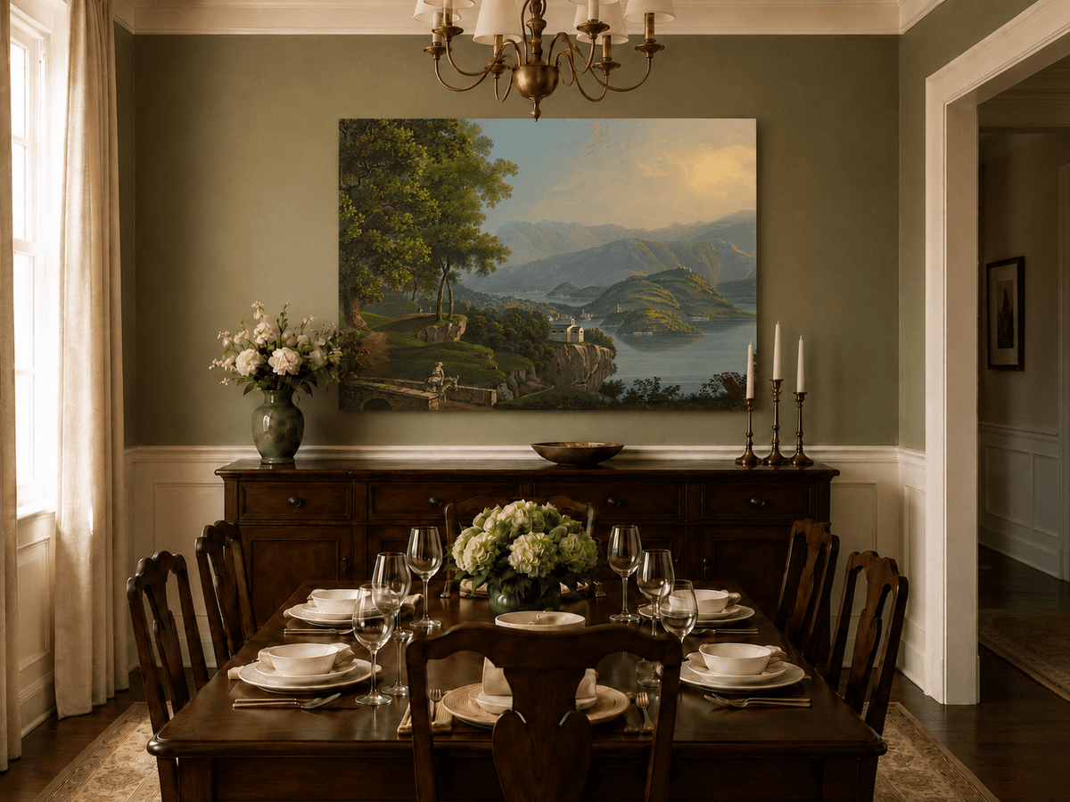 Landscape Oil Painting - Mountain Lake and Island Vista