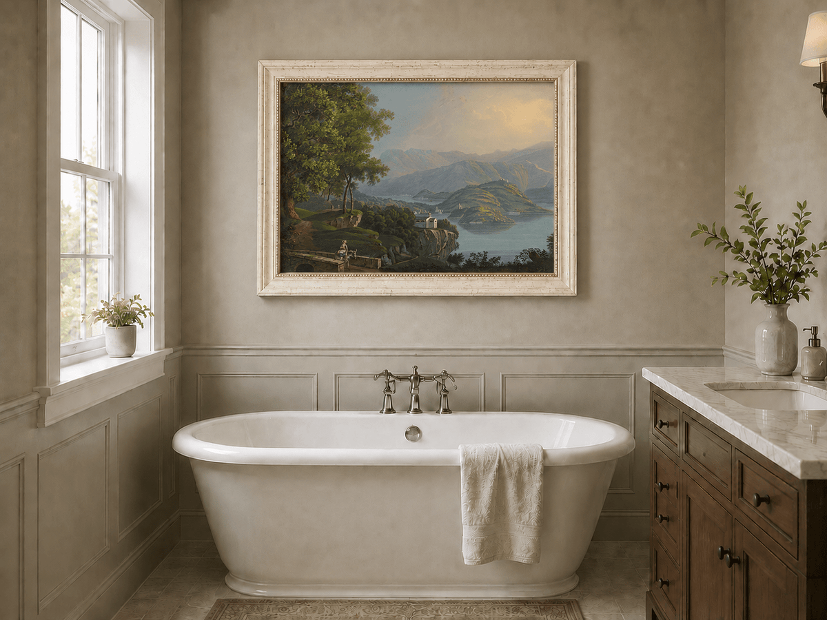 Landscape Oil Painting - Mountain Lake and Island Vista