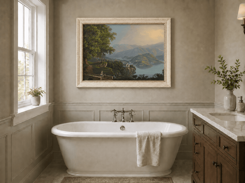 Landscape Oil Painting - Mountain Lake and Island Vista