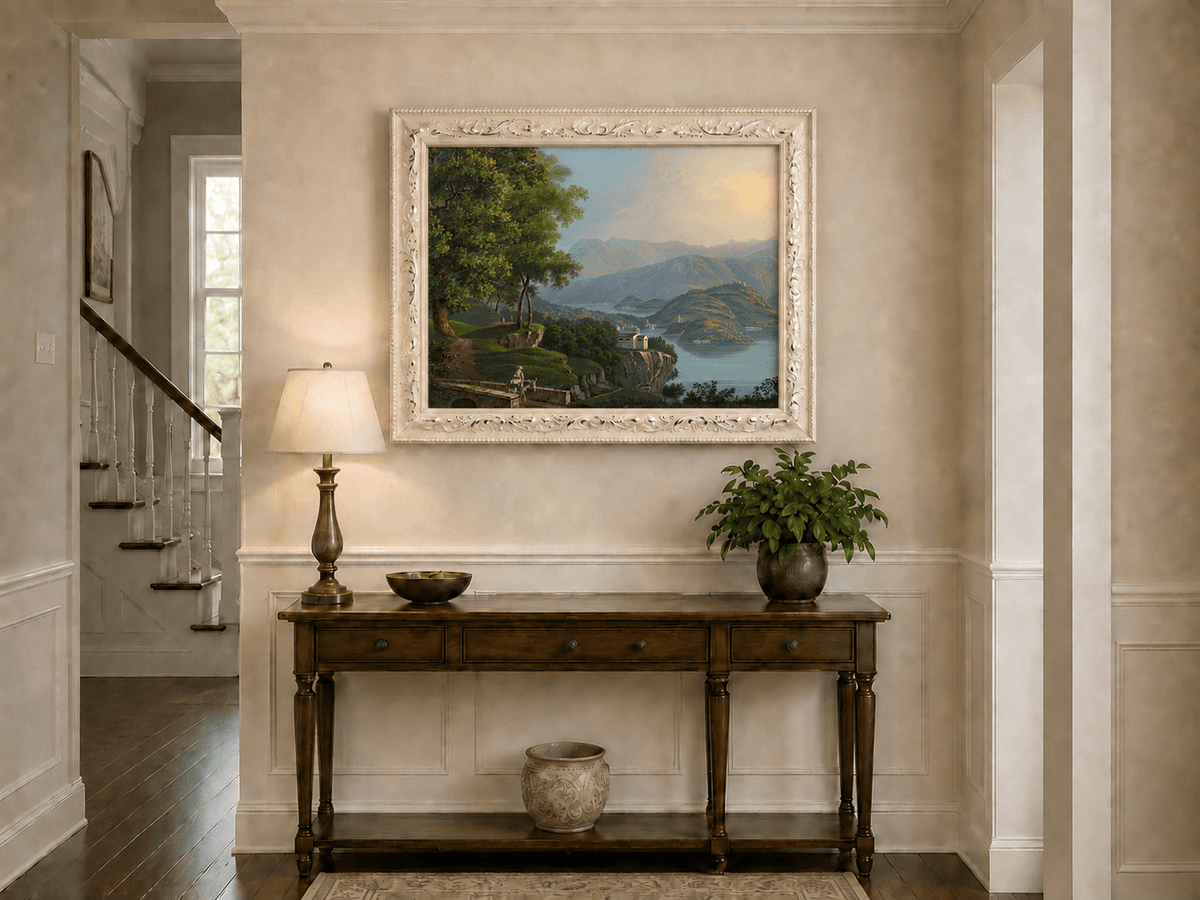 Landscape Oil Painting - Mountain Lake and Island Vista