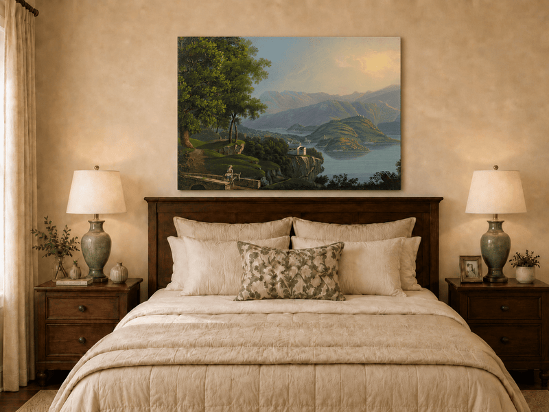 Landscape Oil Painting - Mountain Lake and Island Vista