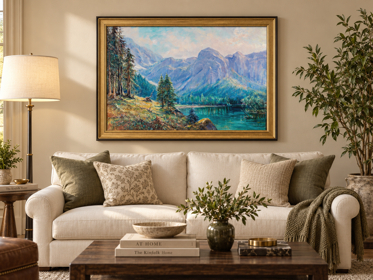 Hand-painted Mountain Lake and Pine Forest View landscape oil painting displayed as wall art in a styled interior