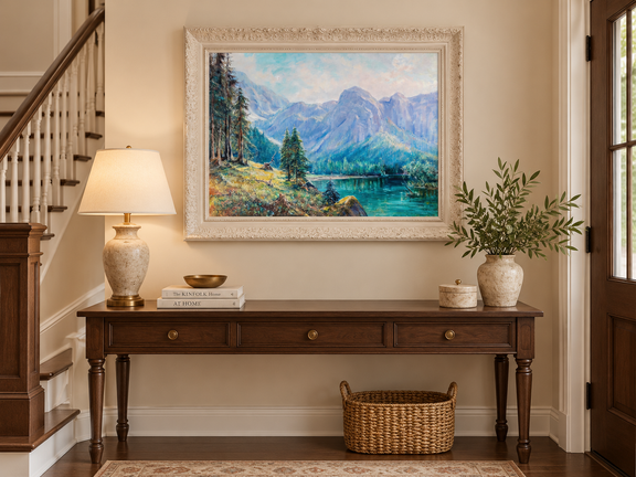 Hand-painted Mountain Lake and Pine Forest View landscape oil painting displayed as wall art in a styled interior