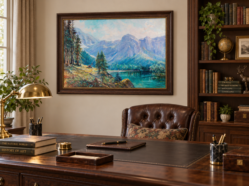 Hand-painted Mountain Lake and Pine Forest View landscape oil painting displayed as wall art in a styled interior