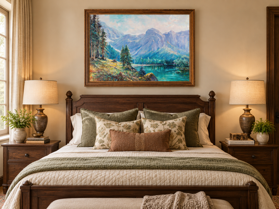 Hand-painted Mountain Lake and Pine Forest View landscape oil painting displayed as wall art in a styled interior