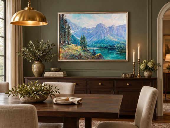 Hand-painted Mountain Lake and Pine Forest View landscape oil painting displayed as wall art in a styled interior