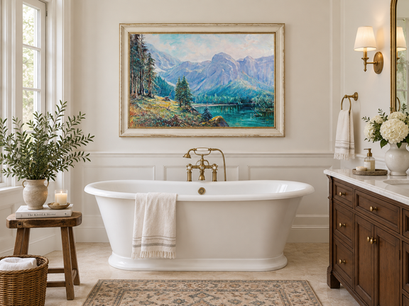 Hand-painted Mountain Lake and Pine Forest View landscape oil painting displayed as wall art in a styled interior