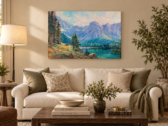 Hand-painted Mountain Lake and Pine Forest View landscape oil painting displayed as wall art in a styled interior