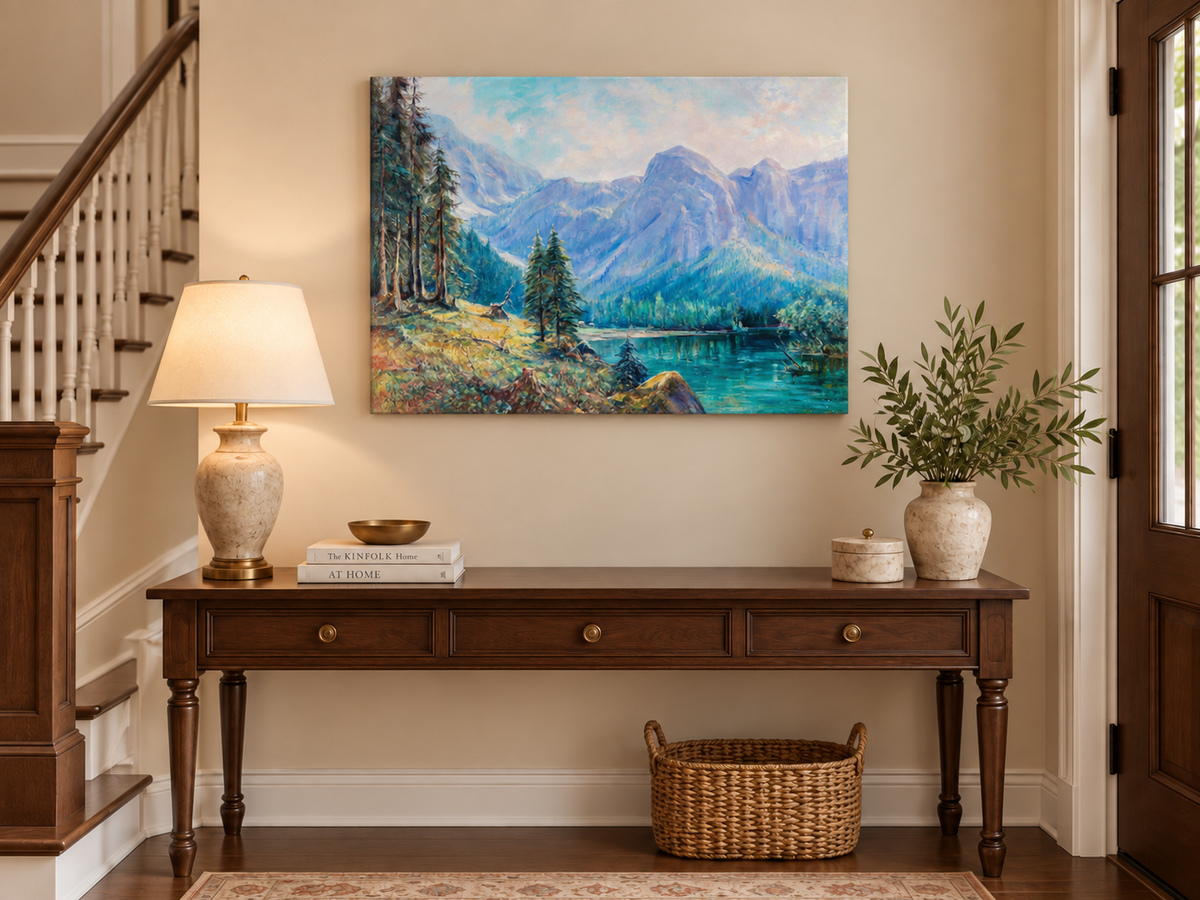 Hand-painted Mountain Lake and Pine Forest View landscape oil painting displayed as wall art in a styled interior